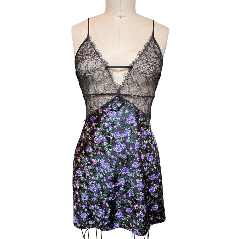 Floral Velvet Victoria's Secret Slip Dress Lace Bodice XL Black Purple